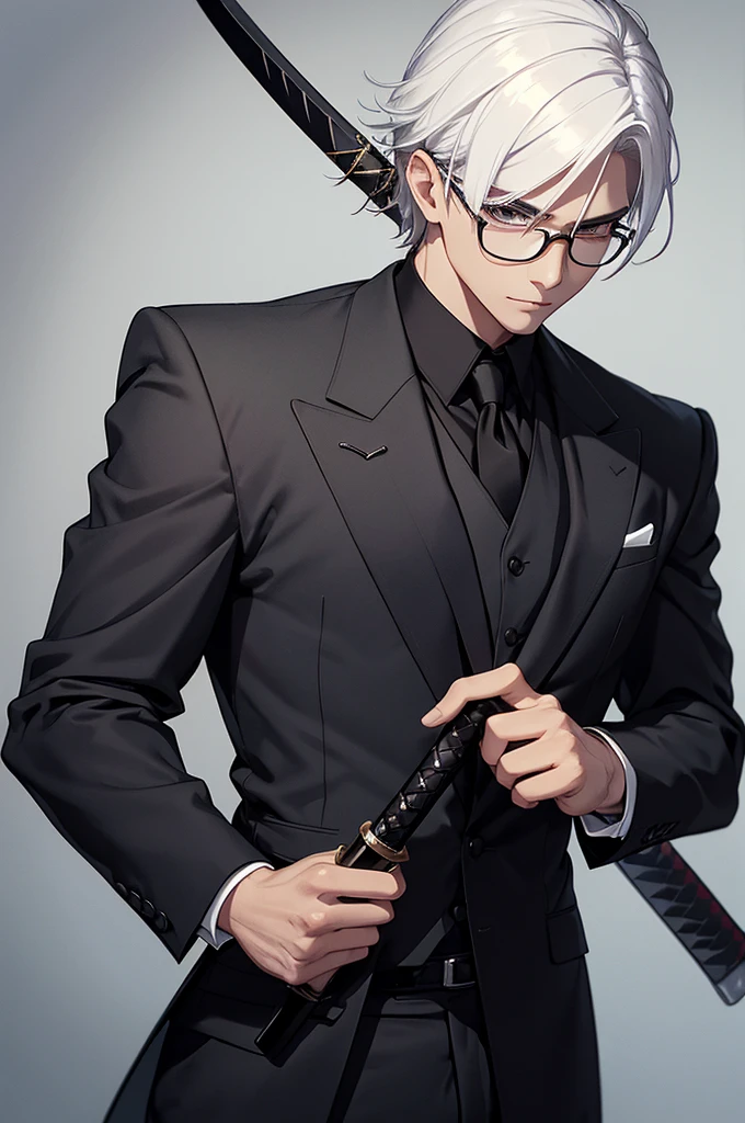 Handsome young man with white hair and black eyeglasses. wearing a black suit There was a katana sword at his waist. and wear black gloves