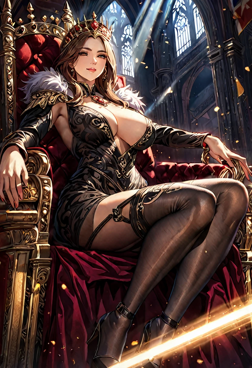 A Queen sitting on the throne, European, detailed face, dramatic lighting, cinematic angle, photorealistic, 8k, high resolution, hyper detailed, masterpiece,refiner: woman face,light beams,open legs