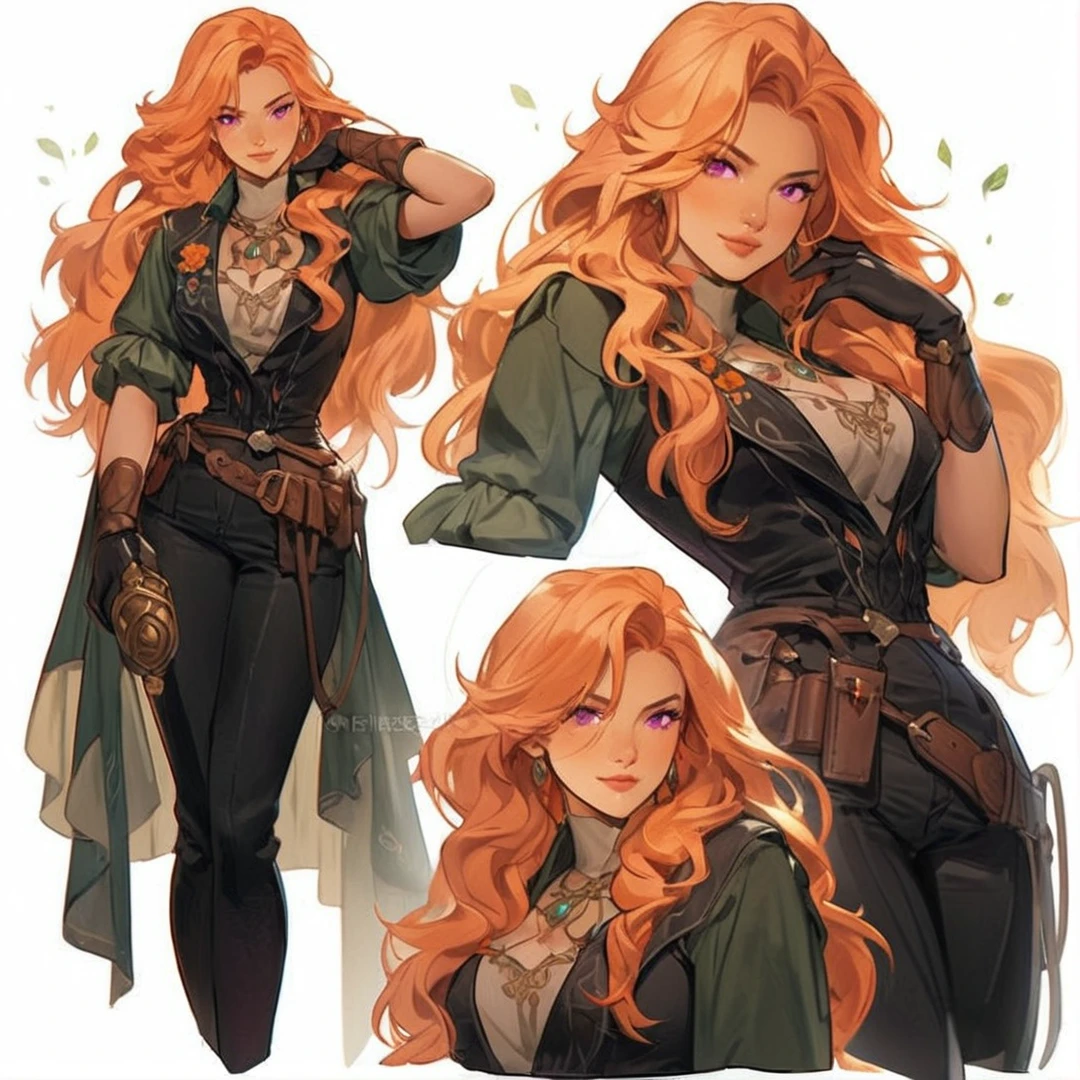 Sweet but fierce Female character with long, flowing Orange hair, wearing fantasy and adventurer-style clothing adorned with flowers. pink and purple eyes. Nature-themed summoner or magic user. Full Body