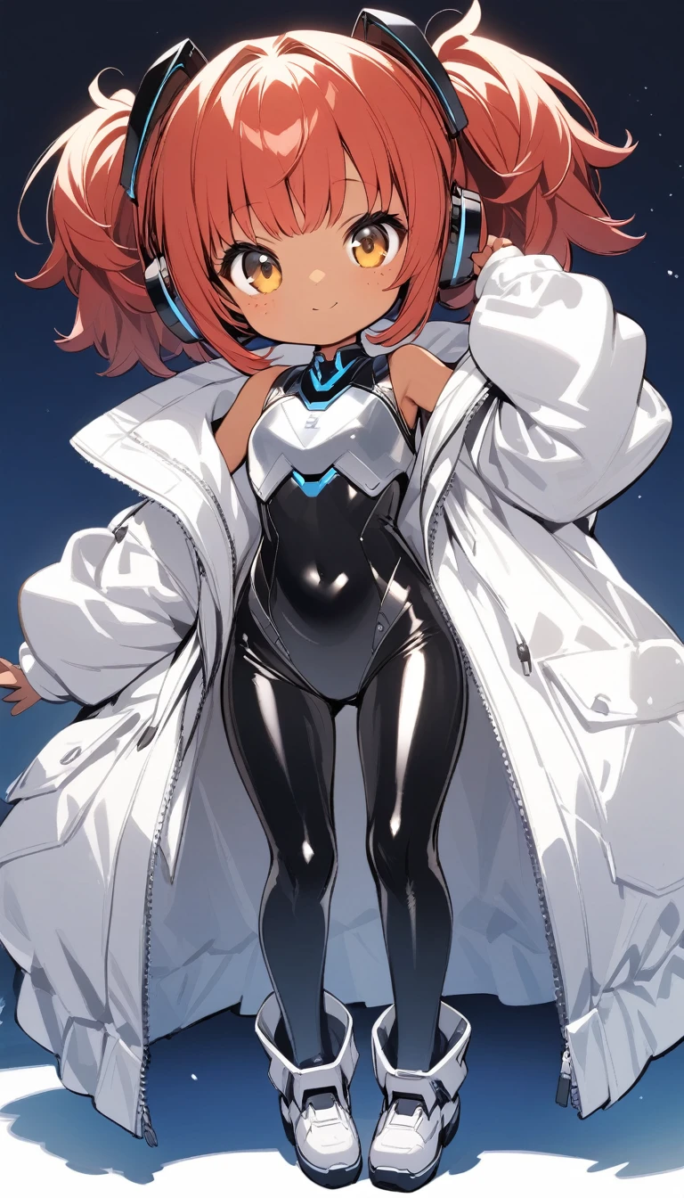 full body,1 girl,(cute:1.3),red Hair, left eye blue, right eye yellow, tan skin, freckles all over body{White breastplate, Black futuristic headphones, Mechanical black glossy metallic Bodysuit, Bare shoulders, oversized jacket, Glossy, shiny material},20 old