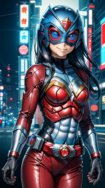 (8k),(masterpiece),(Japanese),(8--old l),((innocent look)),((Childish)),From the front,smile,cute,Innocent,Kind eyes,Flat chest,blue helmet,red domino mask,Wonder Woman,short,Black Hair,Strong wind,night,dark, Neon light cyberpunk city,Kamen rider,camisa