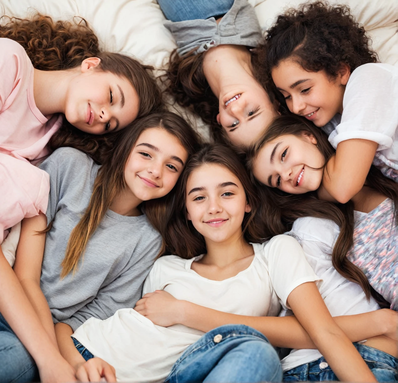 3 different cute teenagers cuddling together