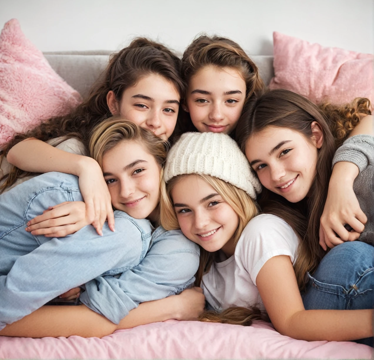 3 different cute teenagers cuddling together