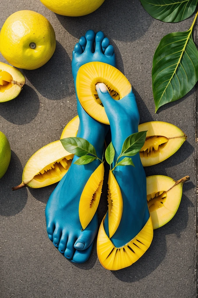 Yellow mango fruit with blue 9j9s with feet and hands with a leaf hairstyle.