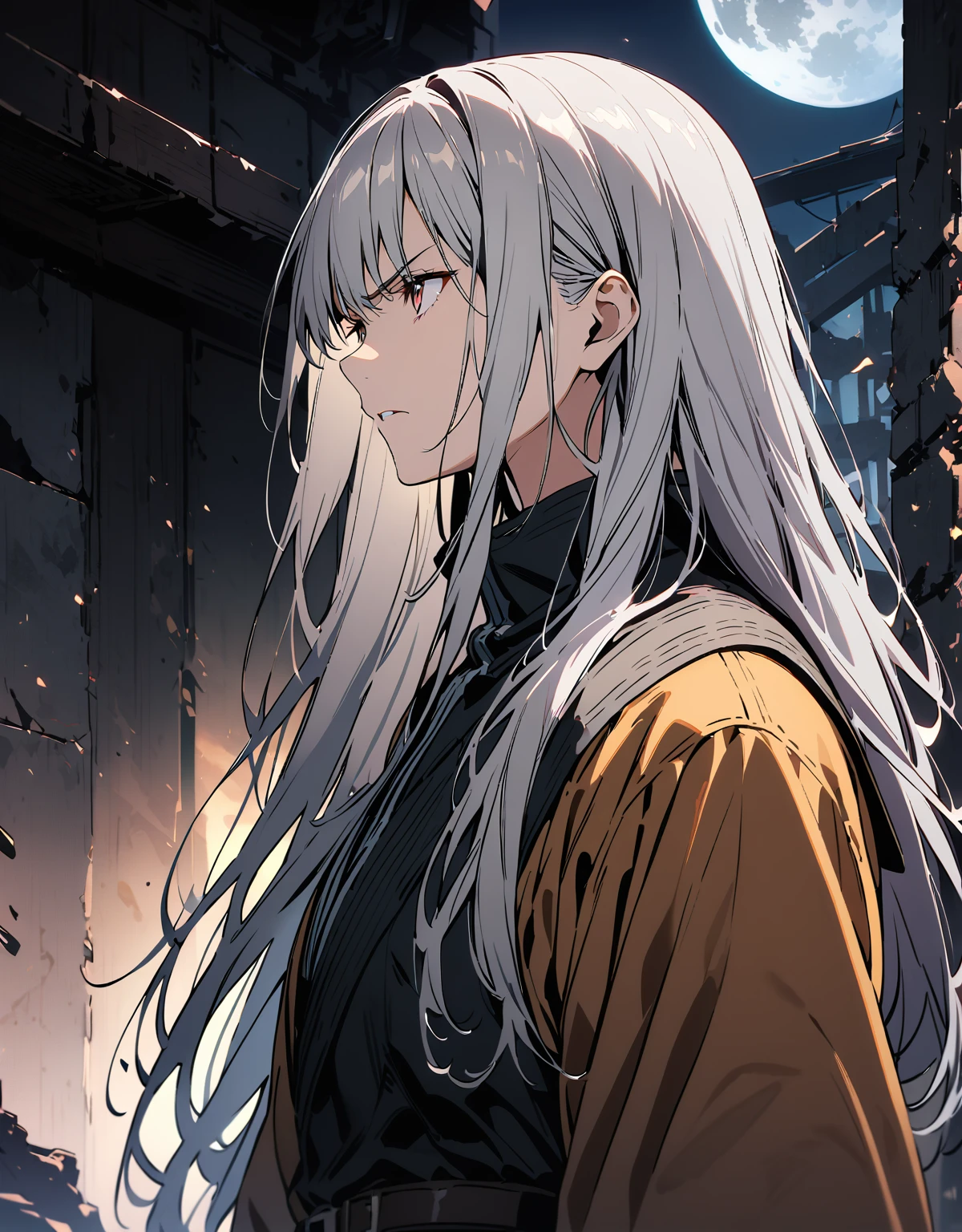 Highest quality、Very high quality、high resolution、Serious face,(Detailed face), (Fine grain),Gray-haired 流れるような髪と長い全身ローブ, Black boots,(The moon behind him), 白いLong Hairの, Gray-haired, Long Hair,(Looking up at the sky)profile,Background ruins