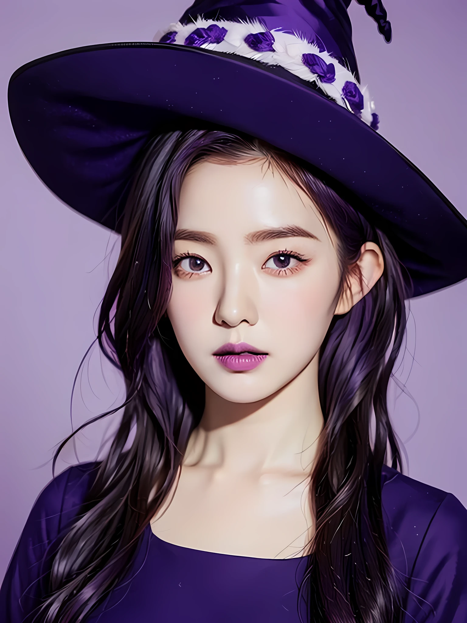 1girl, Asian girl, portrait, purple hair, short hair, curly hair with a fringe, witch hat, witch dress, purple lips, purple background