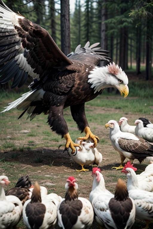 
create for me the image of an eagle feeding with the chickens