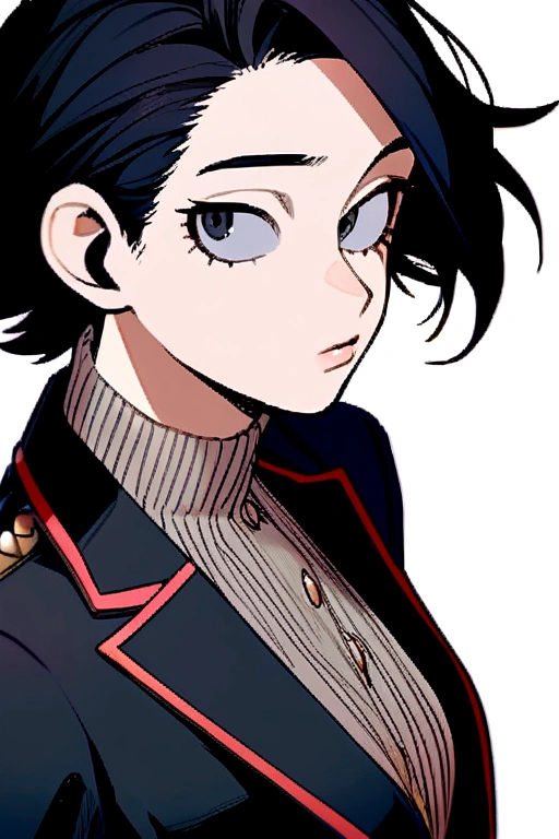 my hero academia ,Female gender, black hair,grey eyes,hair as a man cut, a look would be.