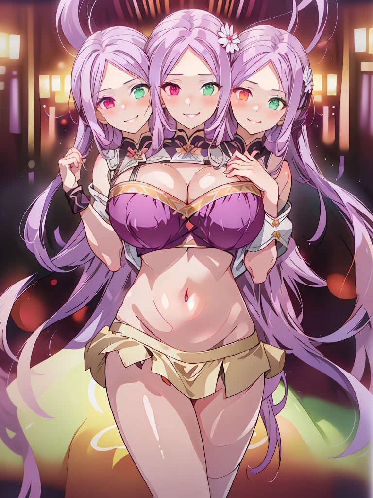 (masterpiece, best quality), best resolution, (3heads:1.5), 1girl, light purple hair, long flowing hair, smiling, seductive smile, open belly, black crop top, dark purple miniskirt, open breasts, big tits, very huge tits, one scarlet red eye and one light green eye, heterochromia, detailed eyes, beautiful eyes, alluring presence,