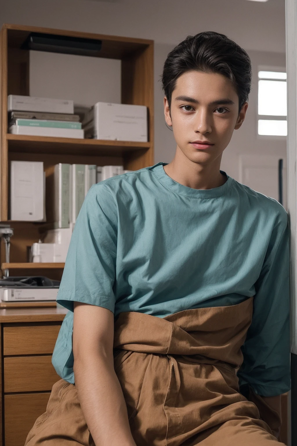A beautiful young man, male twink, with black hair, wearing an aquamarine-sleeved shirt and brown pants. He is in the surgical theater, and behind him are medical devices and medical equipment. He is a surgeon, and he looks proudly, his eyes have dark circles under them, and he has a red face with makeup on, and he is sitting at a luxurious desk in it. scientific books