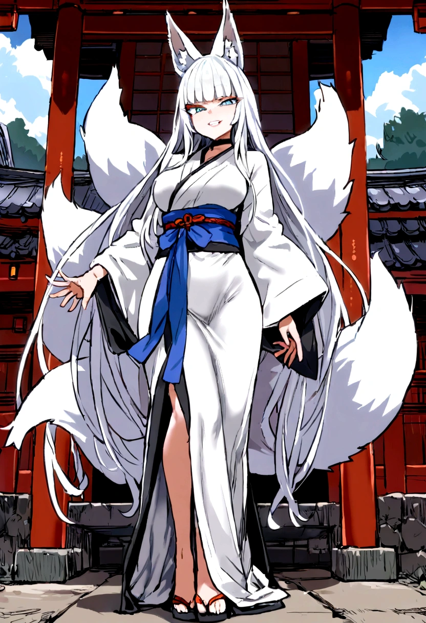 masterpiece, best quality, kitsune 1girl, solo, beautiful kitsune woman, fox ears, bangs, white hair, very long hair, blue eyes, grin, medium breasts, black choker, white kimono, long kimono, long kimono sleeves, blue sash, 5 white fox tails, white hair, looking at viewer, full body in view, shrine background