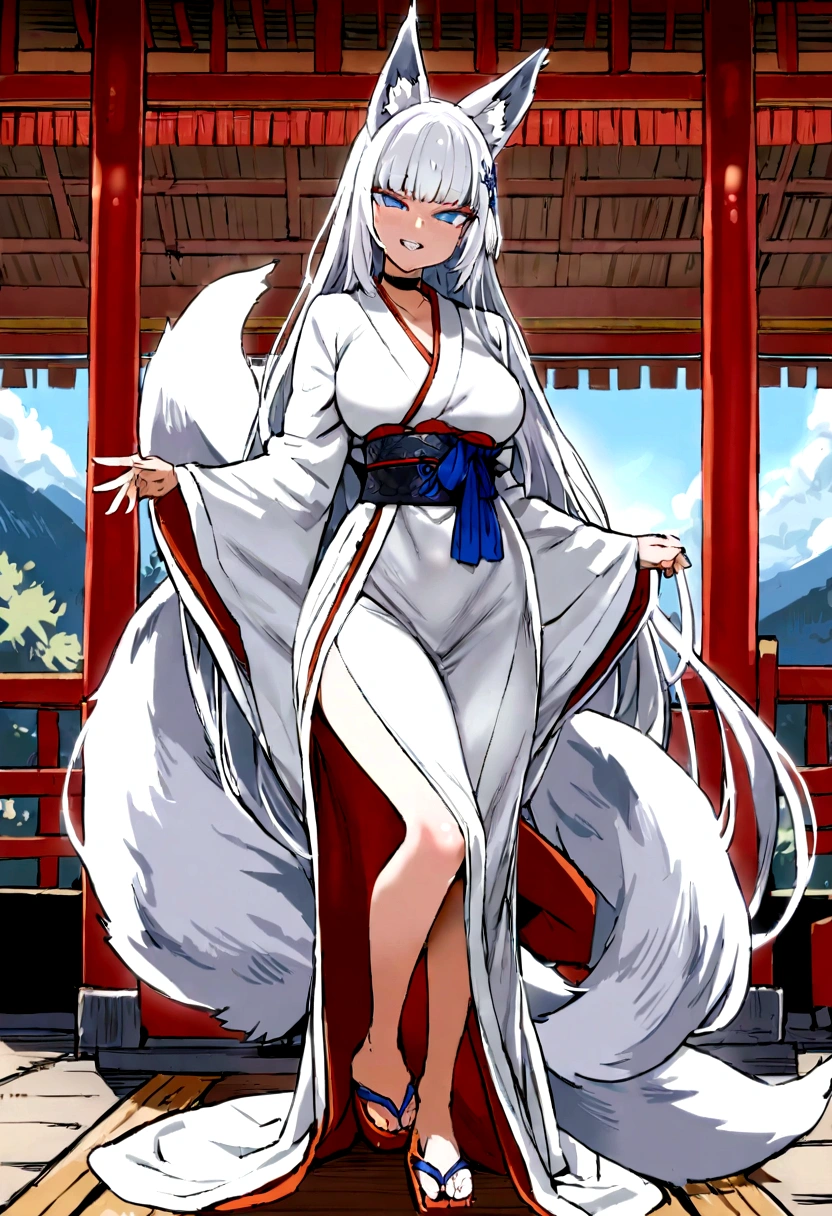 masterpiece, best quality, kitsune 1girl, solo, beautiful kitsune woman, fox ears, bangs, white hair, very long hair, blue eyes, grin, medium breasts, black choker, white kimono, long kimono, long kimono sleeves, blue sash, 5 white fox tails, white hair, looking at viewer, full body in view, shrine background
