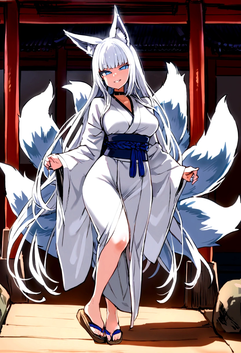 masterpiece, best quality, kitsune 1girl, solo, beautiful kitsune woman, fox ears, bangs, white hair, very long hair, blue eyes, grin, medium breasts, black choker, white kimono, long kimono, long kimono sleeves, blue sash, 5 white fox tails, white hair, looking at viewer, full body in view, shrine background