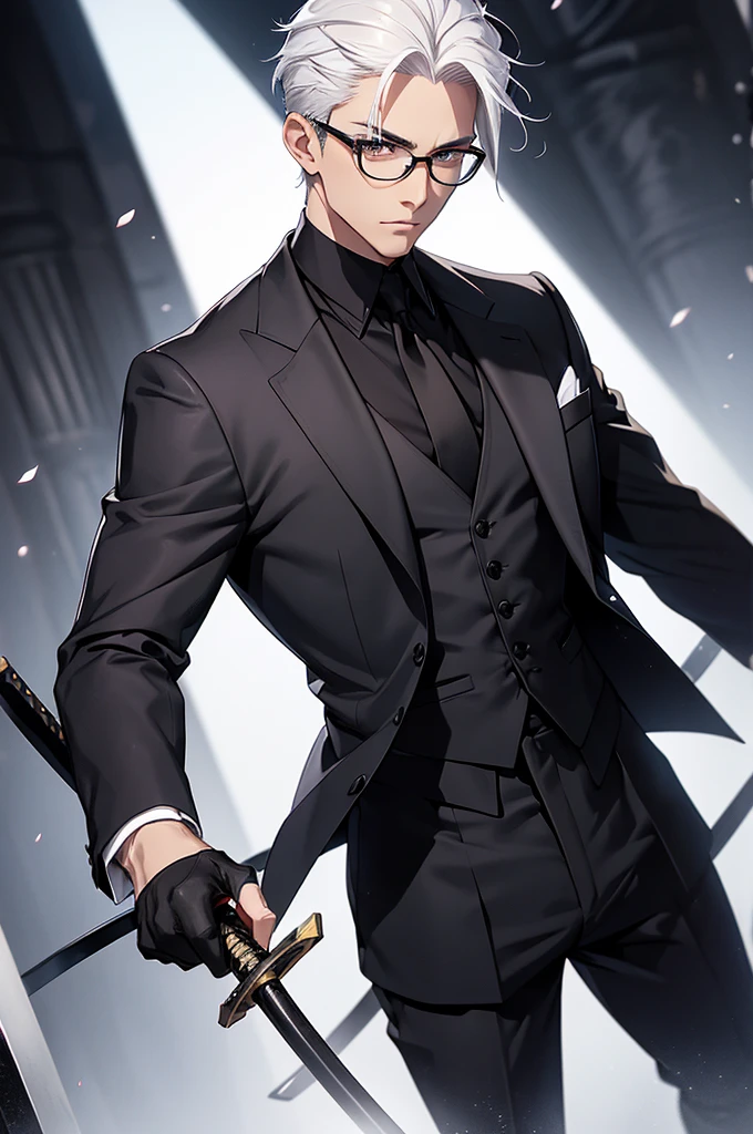 Handsome young man with white hair and black eyeglasses. wearing a black suit There was a katana sword at his waist. and wear black gloves