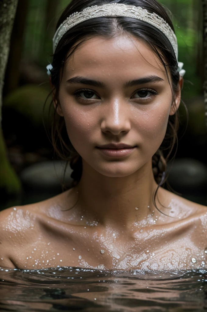 Best Quality, Masterpiece, super high resolution, A super model submerged in hot springs in Japan., outdoor hot springs, stone hot springs, surrounded by moss and trees, super beautiful face, pure body, clear pores visible, (SMILE:0.8), using division (lace headband:1.2), (realism:1.5), Photo original, soaked body, covered in sweat, bare shoulders, in the dark, deep shadows, low-key, cold light