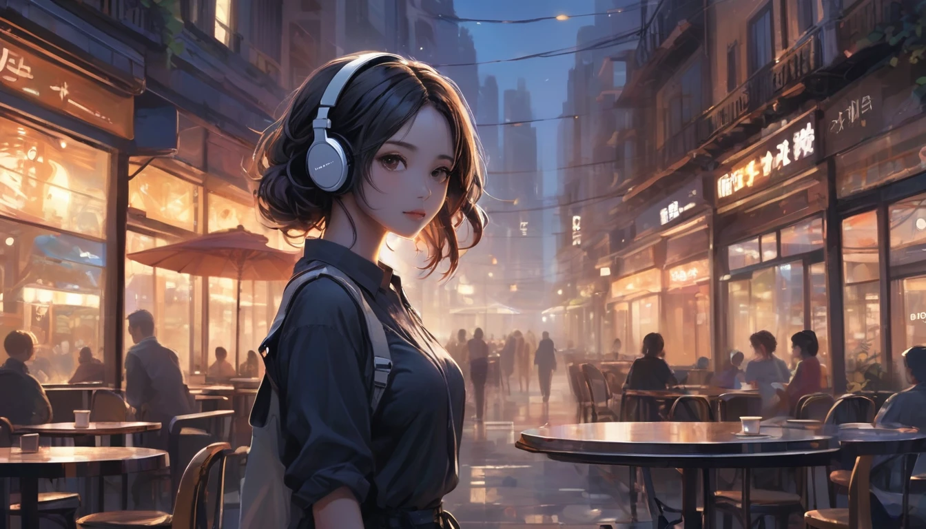 Silhouette art of one girl,Cafe, Daytime, ,Wearing headphones、Tropical、relaxing、 Complex, (Highest quality, masterpiece, Representative works, Official Art, Professional, unity 8k wallpaper:1.3)
