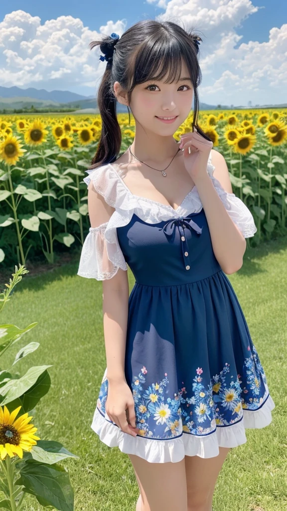 Japanese, high school girl, brown eyes, smiling face, young face, black hair, pigtails, blue ribbon hair ornament, cleavage, necklace, floral pattern blue and white short-sleeved dress, necklace, cleavage, blue miniskirt, black socks, blue shoes, blue sky and white cumulonimbus clouds, standing in front of a sunflower field, plateau view, foothills, nostalgic view, summer view, gravure photo shoot