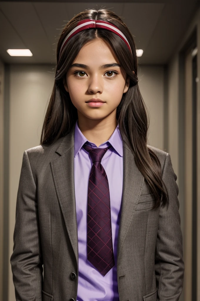  Template boku no hero academia 16 year old girl long straight brown hair,brown eyes and full lips, he wears a gray blazer with green jackets and a red tie, wear a headband of purple roses