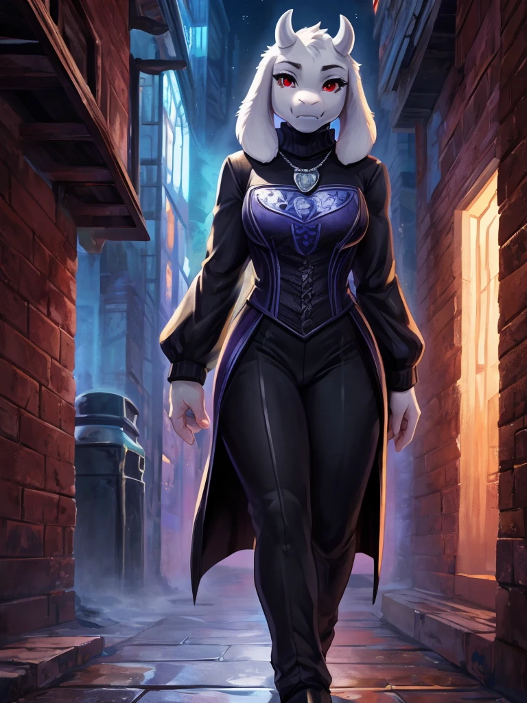 By Ross Tran, ruan jia, (((Toriel))), (Female goat anthro:1.3), (White fur:1.1), (walking towards viewer:1.3), (Foggy night alley:1.23), (Blank expression:1.3), (detailed eyes), (sharp red eyes), detailed background, 8k hd, (dark shadows, wide dynamic range, hdr, low light:1.2), (Thin physique), black eyeshadow, (black turtleneck, silver necklace, black dress pants), ((Gothic)), Close-up 