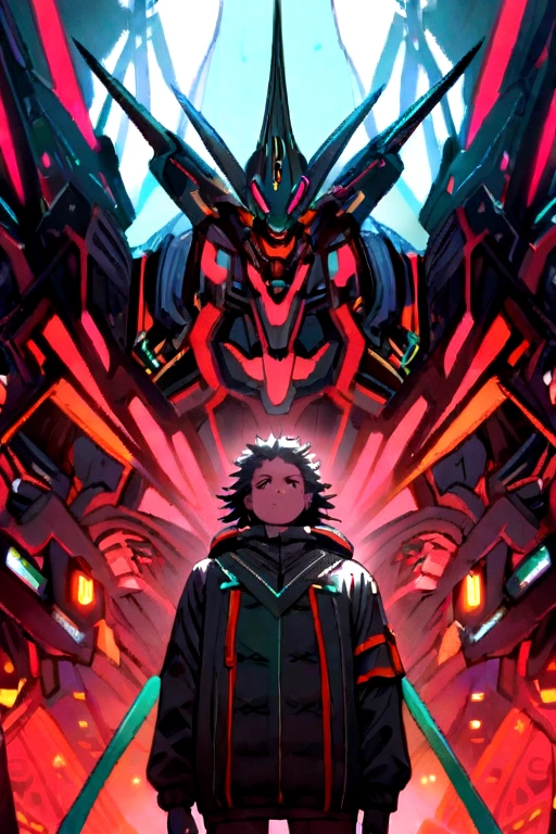 1garoto ,technological with several AI-powered drones behind him