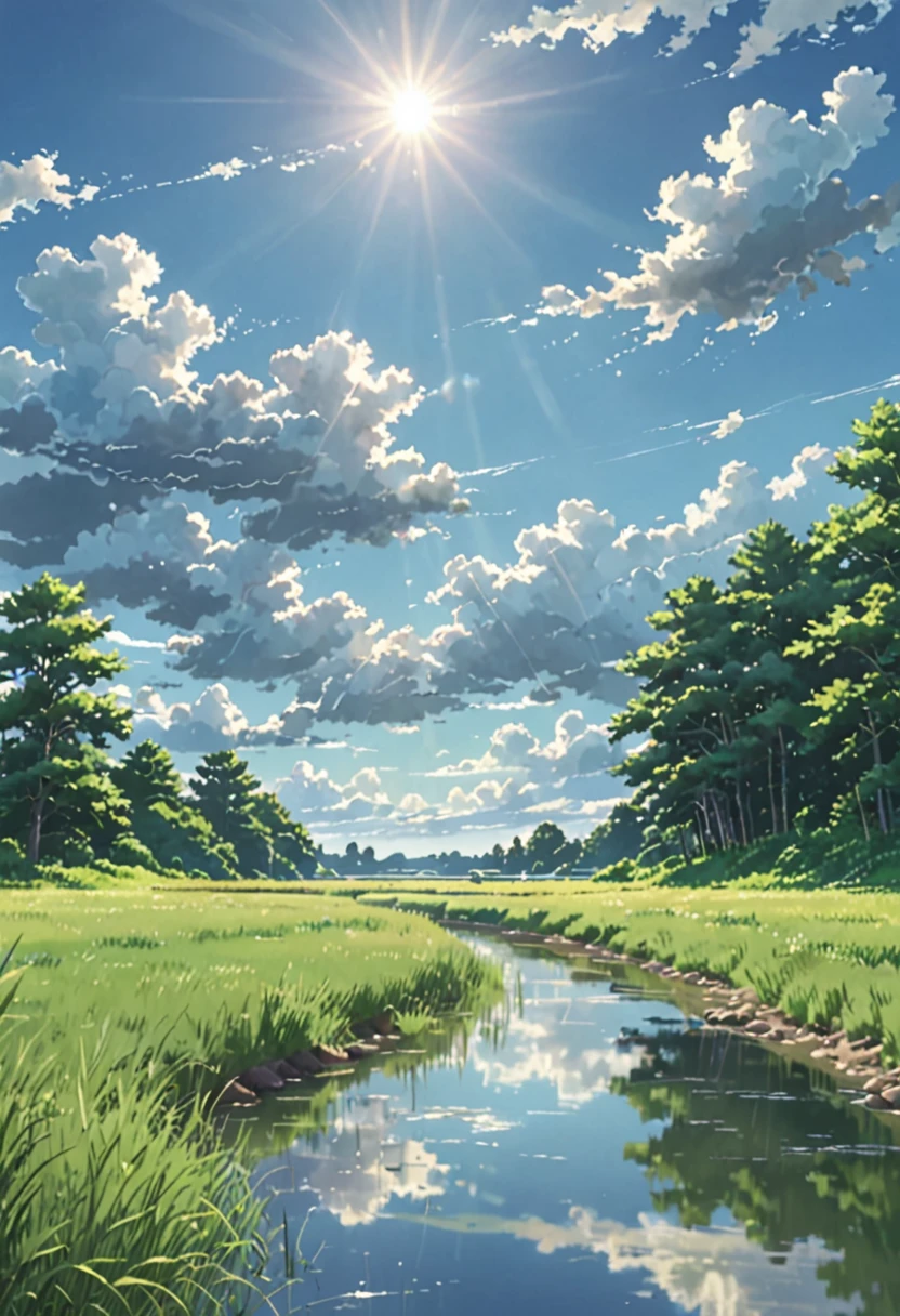 Background painting, summer countryside, grass and trees, waterways, summer sky and incoming clouds, clear contrast between sun and shadow, (Makoto Shinkai style), semi-realistic, 8KHDR