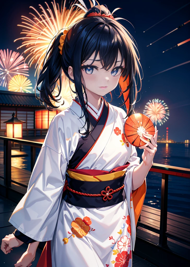 Takada Rokka, Black Hair, blue eyes, Long Hair, orange Scrunchie, Scrunchie, wrist Scrunchie, single hair band,White Kimono,Thick sleeves,日本のfestival,夏festivalの屋台,Red lantern,happy smile, smile, Open your mouth,Fireworks,The place is a fireworks display、Time is night,Walking,So that the whole body goes into the illustration,
break outdoors, festival,
break looking at viewer,Upper Body,(Cowboy Shot:1. 5),
break (masterpiece:1.2), Highest quality, High resolution, unity 8k wallpaper, (shape:0.8), (Fine and beautiful eyes:1.6), Highly detailed face, Perfect lighting, Highly detailed CG, (Perfect hands, Perfect Anatomy),