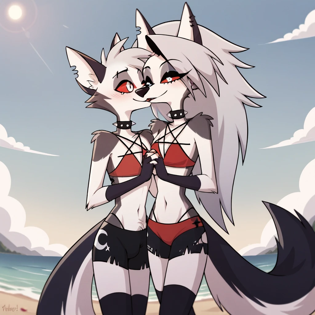 score_9, score_8_up, BREAK, source_anime, uncensored, perfect body, slim, thigh highs, fingerless gloves,
anthro, furry, pose, sexy,
Loona \(Helluva Boss\), NSFW, red swimsuit, bikini, head back, anthro male maned wolf with long spiked white hair and black face, black boxers, blushing, high detail, walking on beach, holding hands, smiling, open eyes, larger male, cuddling