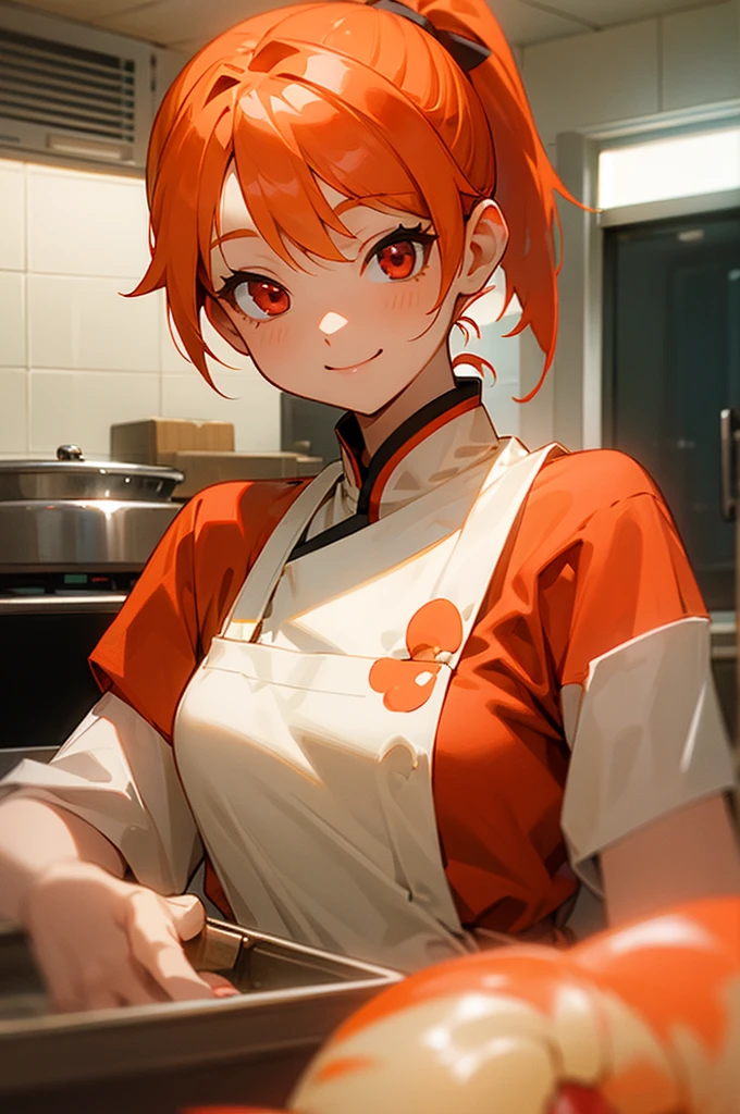 The cute lady shrimp cooks a delicious dish in the kitchen、orange hair、ponytail、round red eyes、smile、smile
