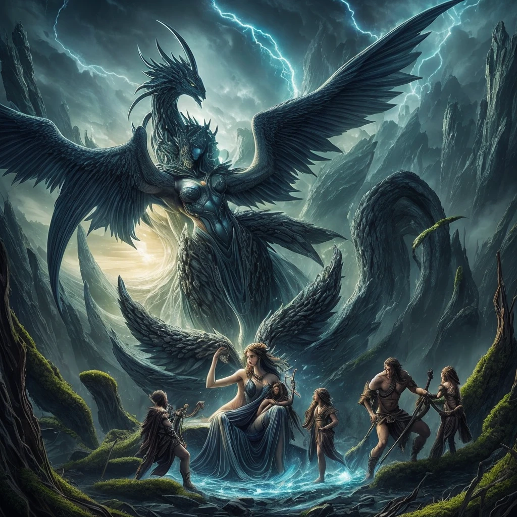 Create a mythological illustration that represents the beginning of the world with some primordial beings. Firstly, Chaos, an abstract entity of disorder and emptiness. Next, Gaia, the earth, represented as a majestic and fertile female figure. Finally, Eros, love, as a graceful and luminous entity. Show Gaia giving birth to Ouranos, the sky, and together, they create the Titans. Include Ouranos locking his children deep within the earth and Gaia, tired of imprisoning her descendants, creating a great scythe and passing it on to her son Kronos. The image must be rich in detail, with an epic and dramatic tone
