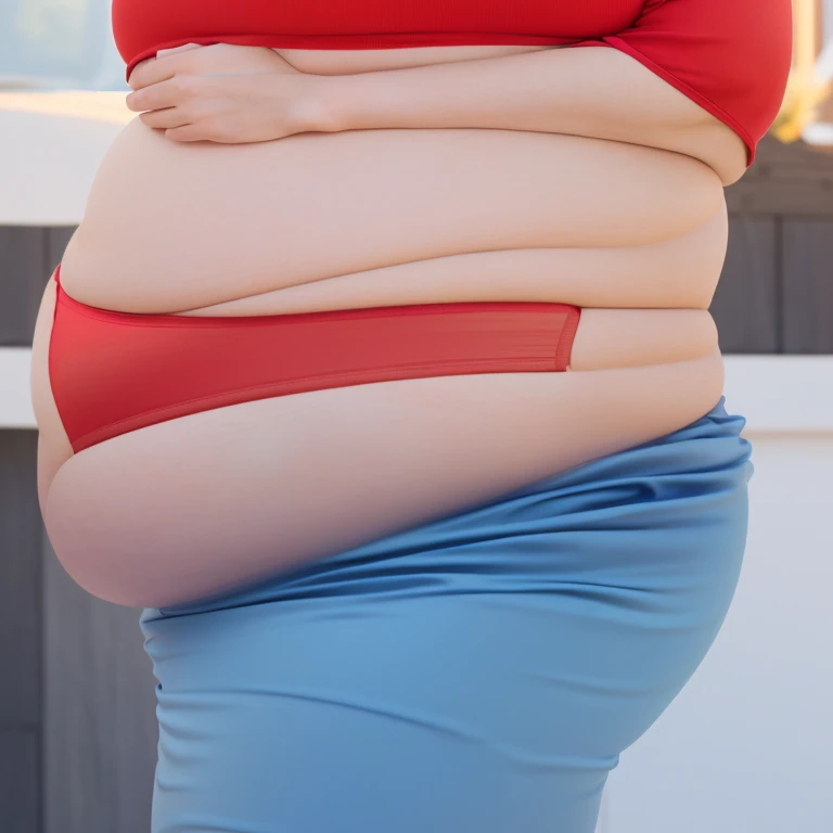 a close up of a woman with a large 배 and a red top, her 배 is fat and round, 배 exposed, fat 배, she has a jiggly fat round 배, pregnant 배, visible 배, folds of 배 flab, 배, 큰 배, 부푼, bouncy 배, 반신 자르기, big 배, 중간 샷 허리까지