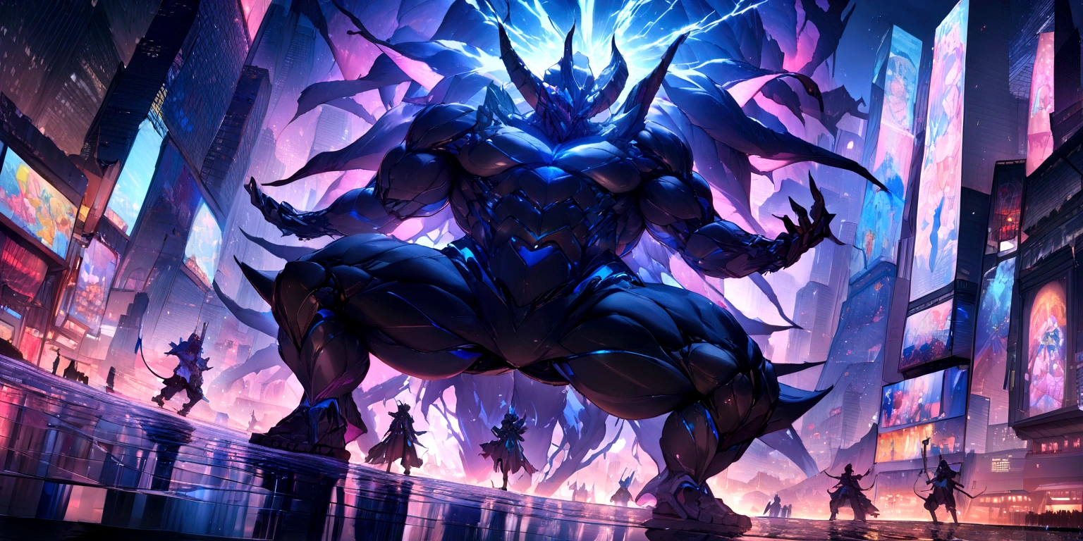 ((masterpiece, Highest quality, Best image quality, High resolution、4k)) A giant demon carrying a giant wheel、Big Wheels、Glowing blue eyes and advanced cybernetic enhancements. Seen in dynamic action poses, reflection on a smooth surface. The cityscape below is filled with towering skyscrapers., illuminated by colorful holographic advertisements, Shining with blue energy, Mighty power. The overall atmosphere is dark and mysterious., It had a futuristic techno vibe.. The lighting is dramatic, Intense highlights and deep shadows, Creates depth and tension.