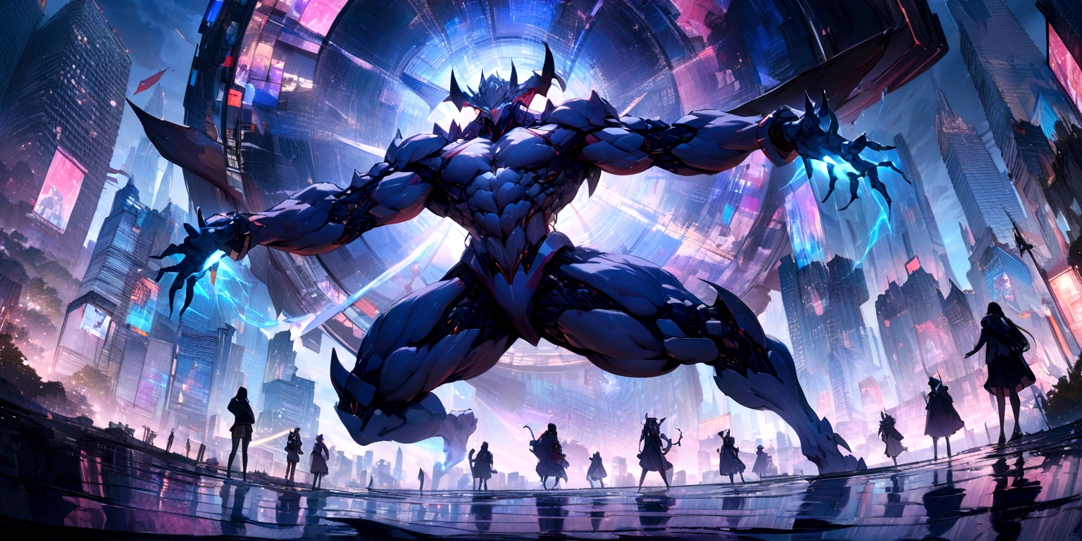 ((masterpiece, Highest quality, Best image quality, High resolution、４ｋ)) A giant demon carrying a giant wheel、Big Wheels、Glowing blue eyes and advanced cybernetic enhancements. Seen in dynamic action poses, reflection on a smooth surface. The cityscape below is filled with towering skyscrapers., illuminated by colorful holographic advertisements, Shining with blue energy, Mighty power. The overall atmosphere is dark and mysterious., It had a futuristic techno vibe.. The lighting is dramatic, Intense highlights and deep shadows, Creates depth and tension.