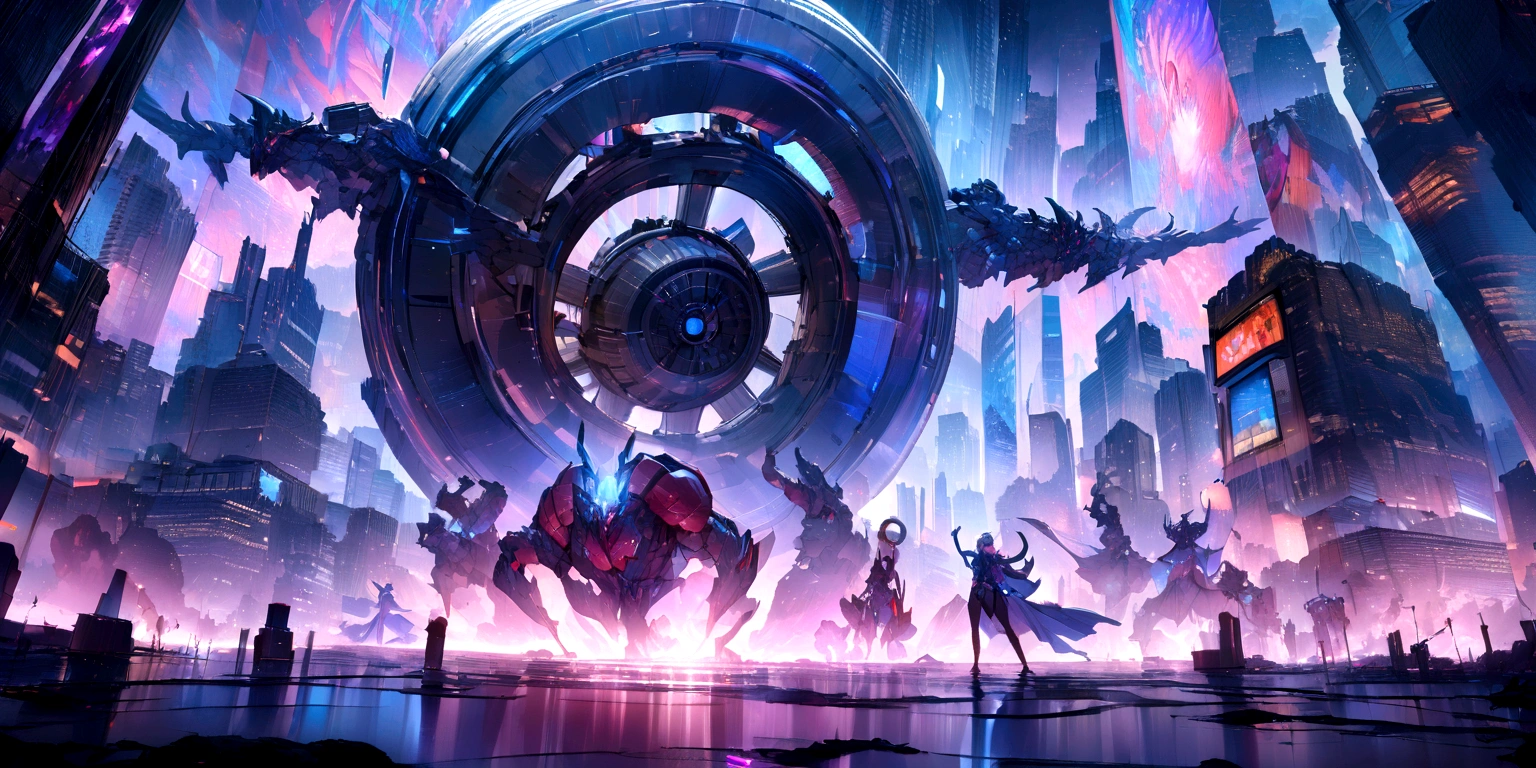 ((masterpiece, Highest quality, Best image quality, High resolution、４ｋ)) A giant demon carrying a giant wheel、Big Wheels、Glowing blue eyes and advanced cybernetic enhancements. Seen in dynamic action poses, reflection on a smooth surface. The cityscape below is filled with towering skyscrapers., illuminated by colorful holographic advertisements, Shining with blue energy, Mighty power. The overall atmosphere is dark and mysterious., It had a futuristic techno vibe.. The lighting is dramatic, Intense highlights and deep shadows, Creates depth and tension.