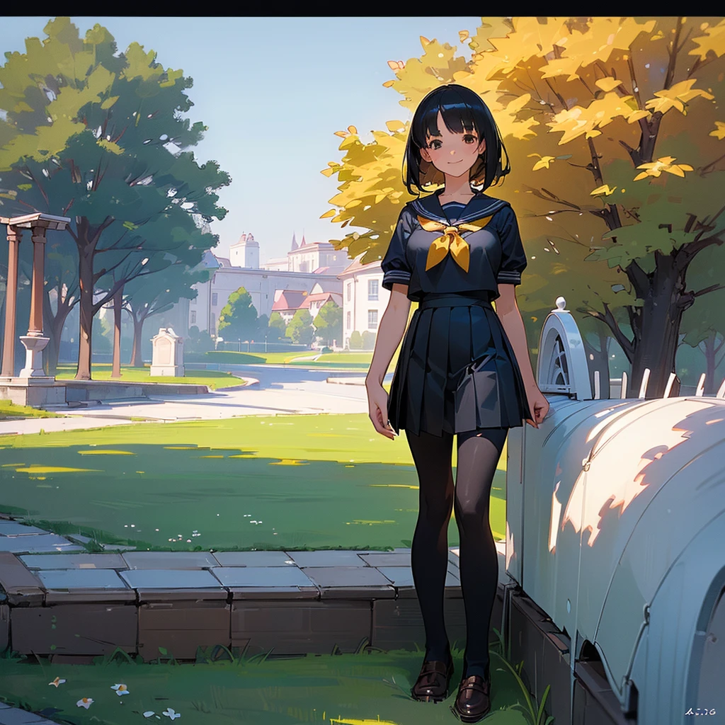 (Highest quality, High resolution, Super detailed, Realistic:1.37), Peaceful atmosphere, (Outdoor, garden), Teenage girl standing alone,(my breasts are big.),Beautifully detailed features, Cute Smile, ((Black bob hair)),Short-sleeved sailor uniform, Pleated skirt,Black tights,Brown leather shoes.