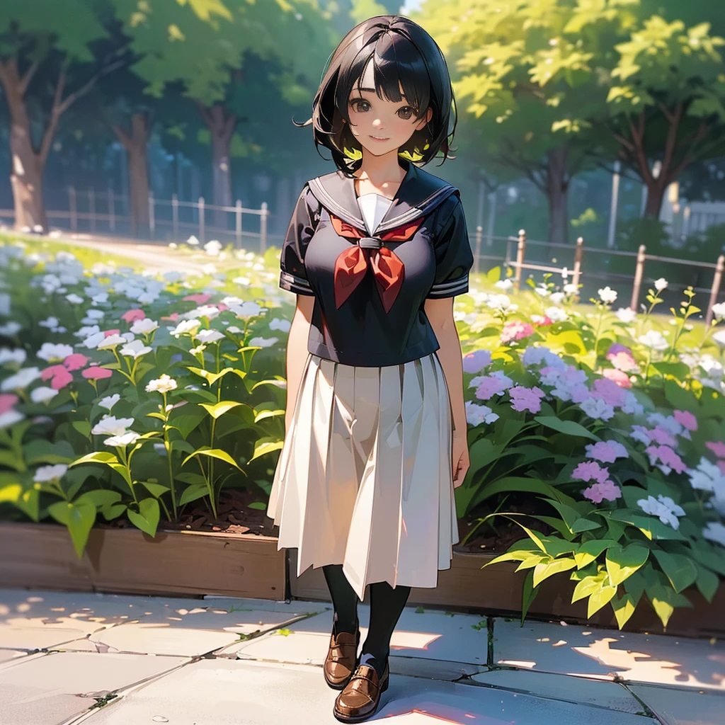 (Highest quality, High resolution, Super detailed, Realistic:1.37), Peaceful atmosphere, (Outdoor, garden), Teenage girl standing alone,(my breasts are big.),Beautifully detailed features, Cute Smile, ((Black bob hair)),Short-sleeved sailor uniform, Pleated skirt,Black tights,Brown leather shoes.
