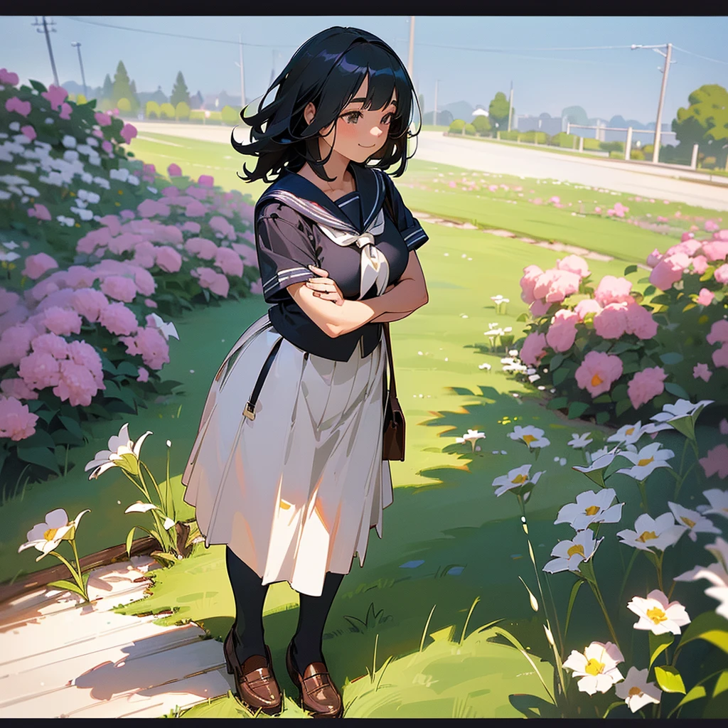 (Highest quality, High resolution, Super detailed, Realistic:1.37), Peaceful atmosphere, (Outdoor, garden),  girl standing alone,(my breasts are big.),Beautifully detailed features, Cute Smile, ((Black bob hair)),Short-sleeved sailor uniform, Pleated skirt,Black tights,Brown leather shoes.