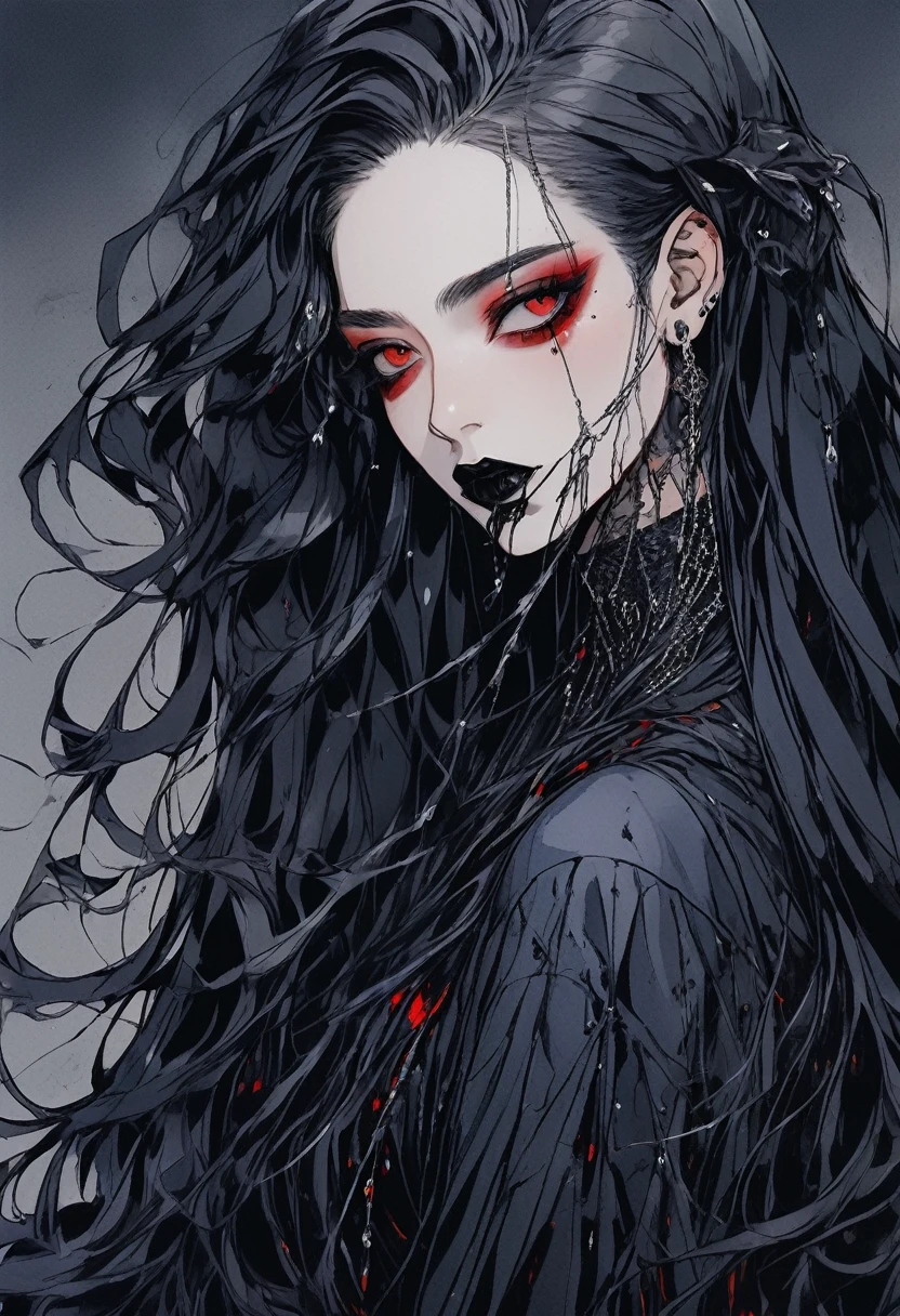 (Highest quality,4K,8K,High resolution,masterpiece:1.2),Super detailed,(Realistic,photoRealistic,photo-Realistic:1.37),Dark and mysterious,Detailed black clothing,Gothic Makeup,Black lipstick,Pale skin,Smokey Eye,Long black hair,Sharp Fangs,Red eyes,Vampire-like appearance,Expressive and sharp gaze,Earrings and ear piercings,Standing in a moonlit garden surrounded by roses,Spooky and eerie atmosphere,Cast long shadows,The faint moonlight illuminates her face,Creates a dramatic and striking effect.Hair fluttering in the wind、Gray gradient