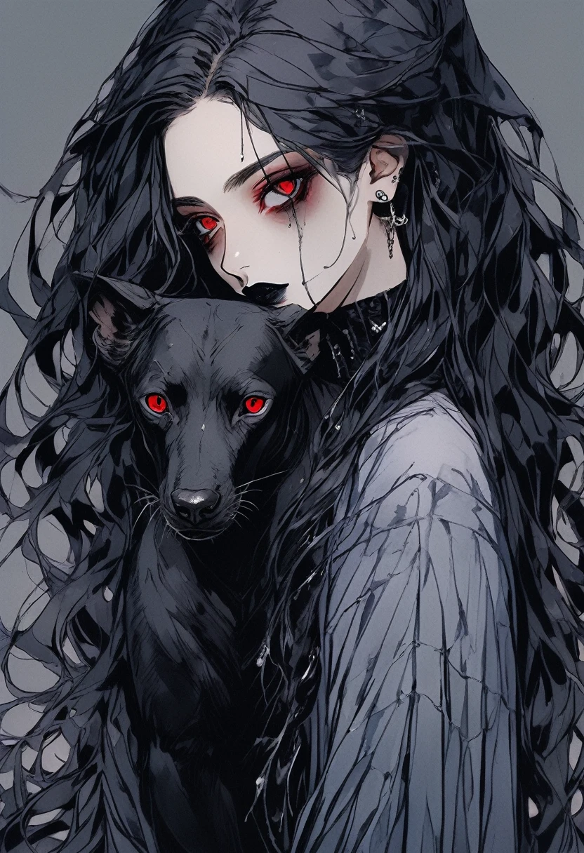 (Highest quality,4K,8K,High resolution,masterpiece:1.2),Super detailed,(Realistic,photoRealistic,photo-Realistic:1.37),Dark and mysterious,Detailed black clothing,Gothic Makeup,Black lipstick,Pale skin,Smokey Eye,Long black hair,Sharp Fangs,Red eyes,Vampire-like appearance,Expressive and sharp gaze,Earrings and ear piercings,Standing in a moonlit garden surrounded by roses,Spooky and eerie atmosphere,Cast long shadows,The faint moonlight illuminates her face,Creates a dramatic and striking effect.Hair fluttering in the wind、Gray gradient