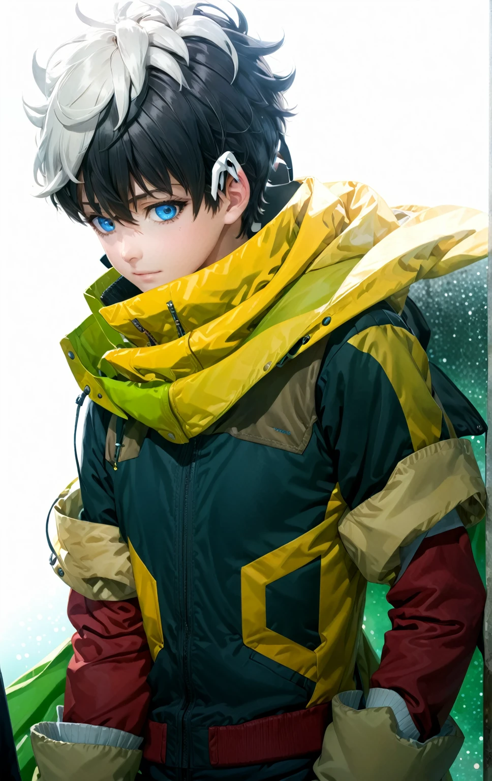 A closeup of a person wearing a jacket and coat, trend on CG Station, tall anime boy with blue eyes, manga cover style, trend on CG Station, shigenori soejima illustration, official art and wears special white gloves, red sleeves, technological