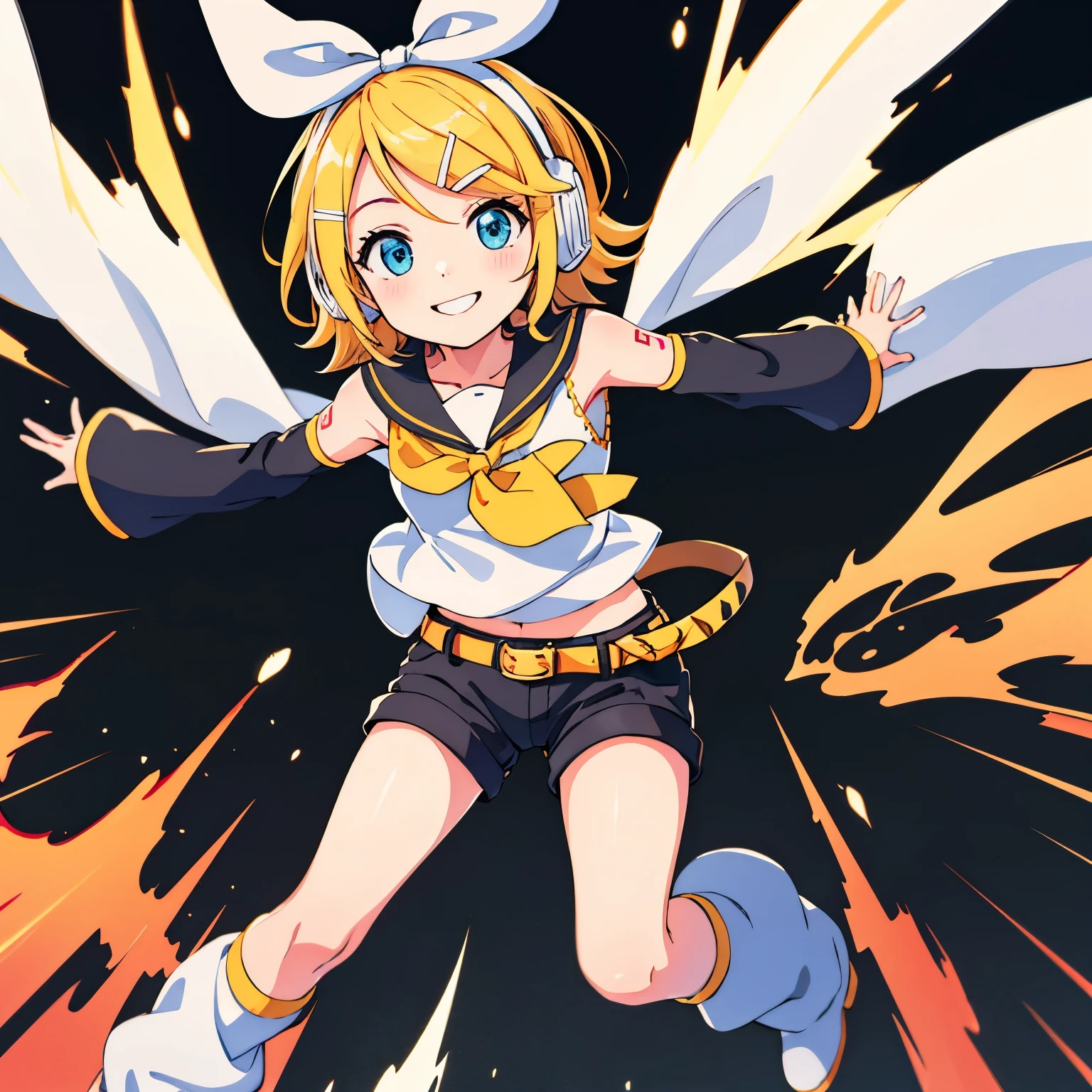 #quality(8k,best quality, masterpiece,super detailed),solo,#1 girl(cute,kawaii,small kid,Kagamine Rin:1.2, short hair, number tattoo, bow, white shirt, detached sleeves, belt, sailor collar, headphones, shorts, leg warmers,boring,smile,dynamic pose),#background(music notes ,simple,),(Anatomically correct human arms)