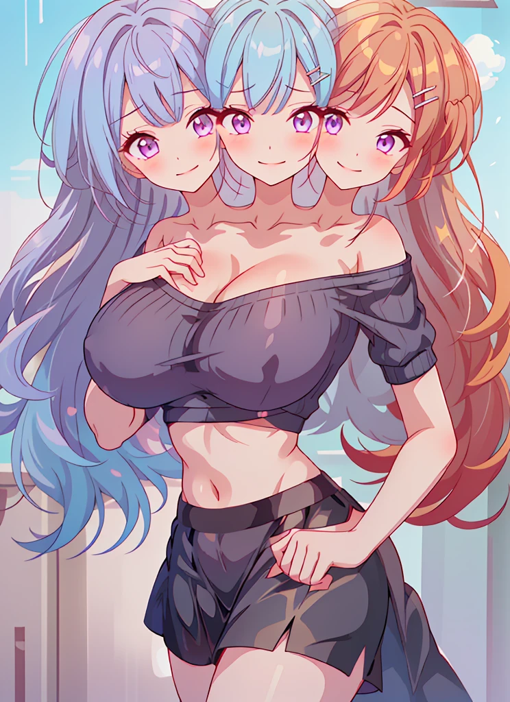 (masterpiece, best quality), best resolution, (3heads:1.5), 1girl,(vivid sky blue hair), (red orange hair), (violet purple hair), same eye color as the hair, smiling, giggling, friendly, inviting, ((very shy expression)), mature look, (dark gray cropped sweater), (crop top), black skirt, miniskirt vibrant colors, long hair, very huge tits, open breasts, (hair clip), ((sharp looking eyes))