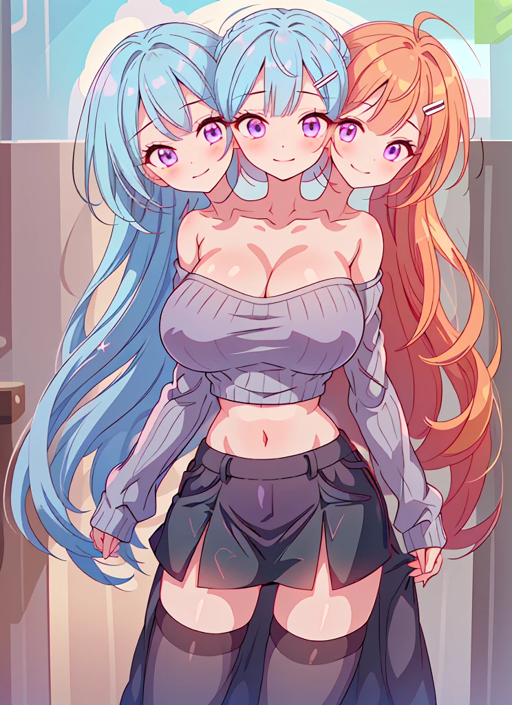 (masterpiece, best quality), best resolution, (3heads:1.5), 1girl,(vivid sky blue hair), (red orange hair), (violet purple hair), same eye color as the hair, smiling, giggling, friendly, inviting, ((very shy expression)), mature look, (dark gray cropped sweater), (crop top),  black skirt, miniskirt vibrant colors, long hair, very huge tits, open breasts, (hair clip), ((sharp looking eyes))