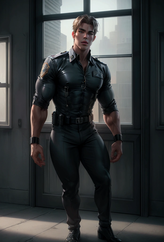 a highly detailed photorealistic full body nude portrait of chris pine dressed as a sexy police officer in a prison, beautiful detailed eyes, beautiful detailed lips, realistic skin texture, muscular physique, chiseled jawline, intricate uniform details, handcuffs, barred window, concrete walls, dramatic lighting, cinematic composition, hyper realistic, 8k, unreal engine, award winning photography