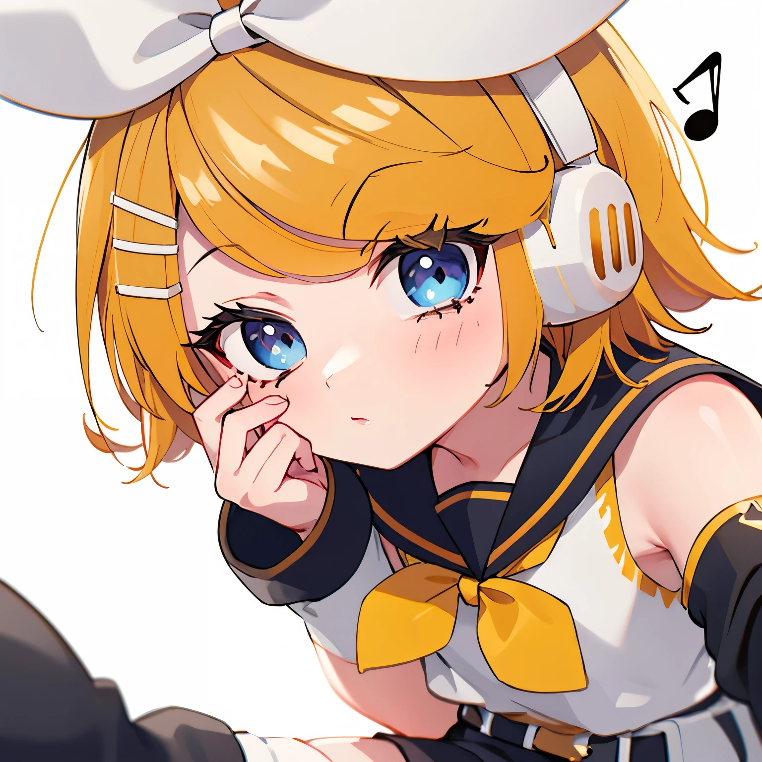 #quality(8k,best quality, masterpiece,super detailed),solo,#1 girl(cute,kawaii,*********,Kagamine Rin, short hair, number tattoo, bow, white shirt, detached sleeves, belt, sailor collar, headphones, shorts, leg warmers,boring,selfie,kiss,simple pose,close up head),#background(music notes ,simple,),(Anatomically correct body)close up head