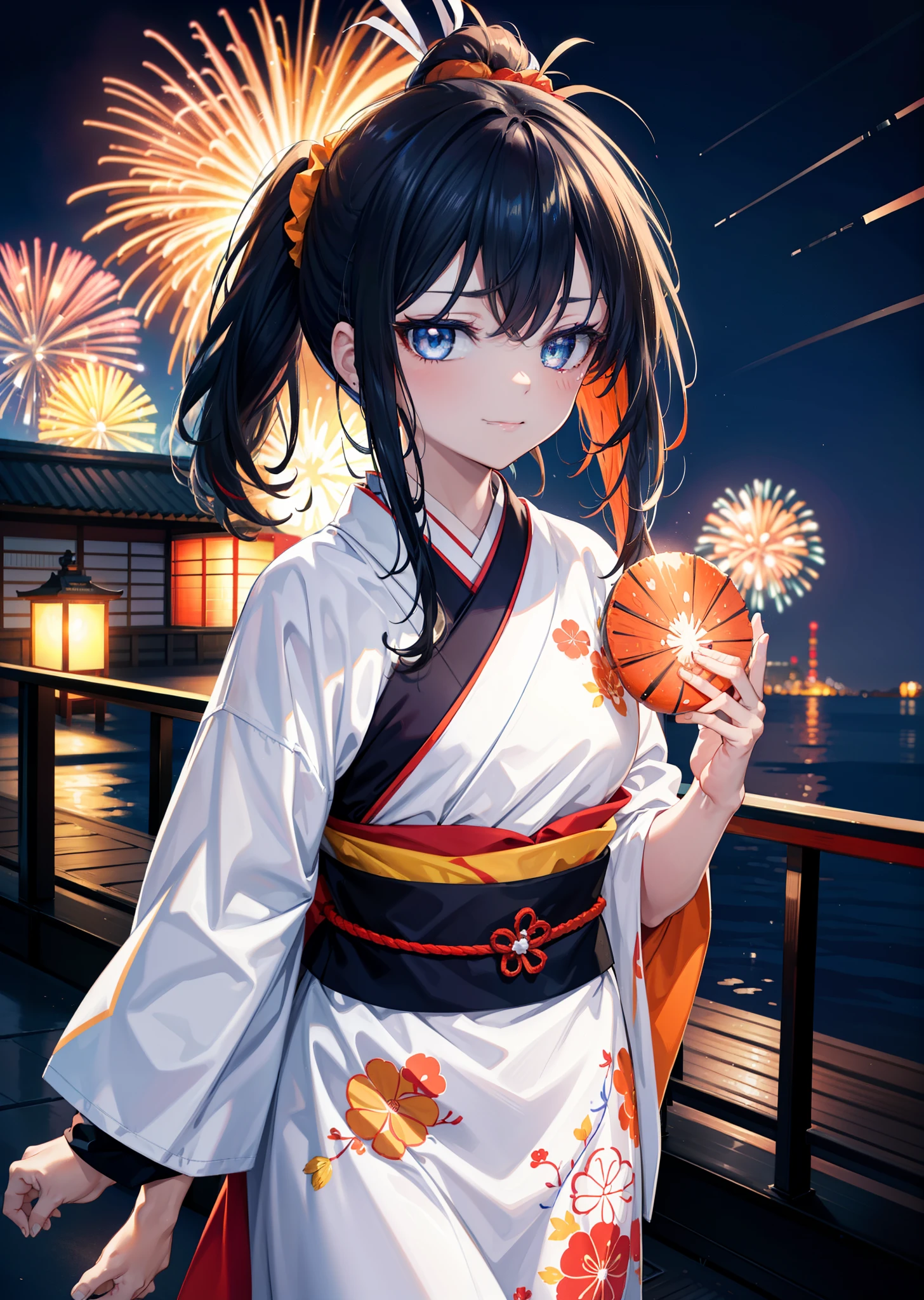 Takada Rokka, Black Hair, blue eyes, Long Hair, orange Scrunchie, Scrunchie, wrist Scrunchie, single hair band,White Kimono,Thick sleeves,日本のfestival,夏festivalの屋台,Red lantern,happy smile, smile, Open your mouth,Fireworks,The place is a fireworks display、Time is night,Walking,So that the whole body goes into the illustration,
break outdoors, festival,
break looking at viewer,Upper Body,(Cowboy Shot:1. 5),
break (masterpiece:1.2), Highest quality, High resolution, unity 8k wallpaper, (shape:0.8), (Fine and beautiful eyes:1.6), Highly detailed face, Perfect lighting, Highly detailed CG, (Perfect hands, Perfect Anatomy),