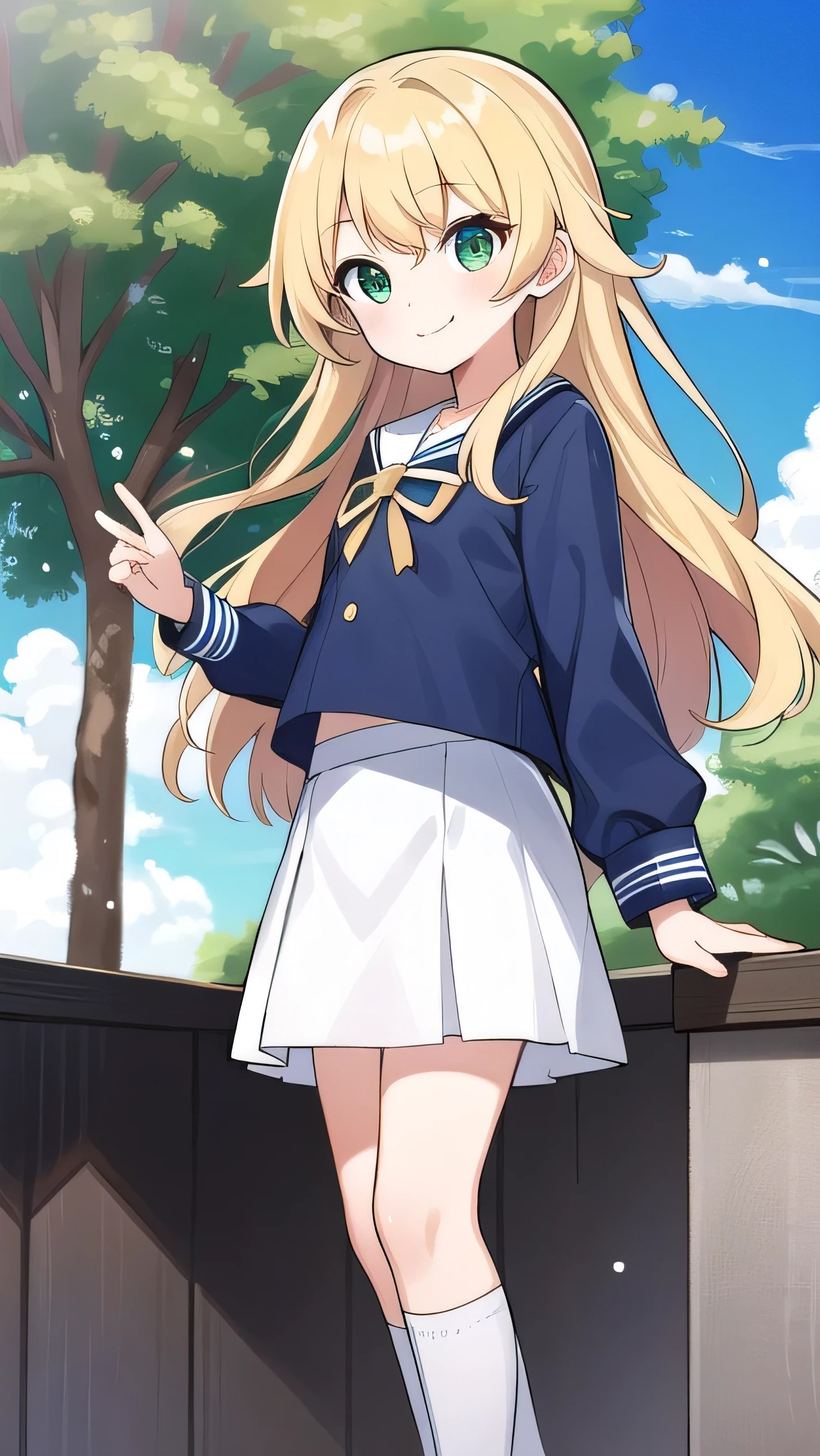 Blonde, elementary school student, green eyes, long hair, elementary school student, white clothes, white miniskirt, kind smile, park, short, 9 years old, 135cm tall, blue sky, , hair hanging outside