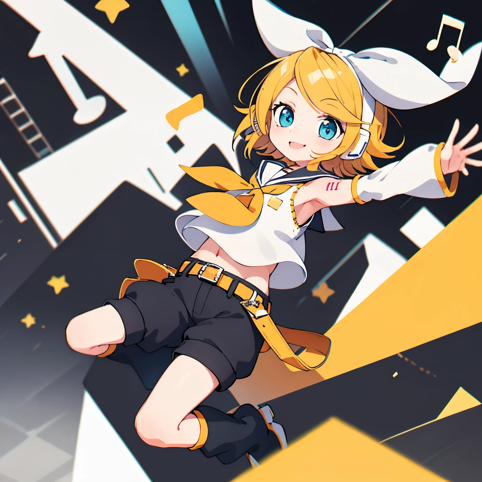 #quality(8k,best quality, masterpiece,super detailed),solo,#1 girl(cute,kawaii,,Kagamine Rin:1.2, short hair, number tattoo, bow, white shirt, detached sleeves, belt, sailor collar, headphones, shorts, leg warmers,boring,smile,dynamic pose),#background(music notes ,simple,),(Anatomically correct human arms)