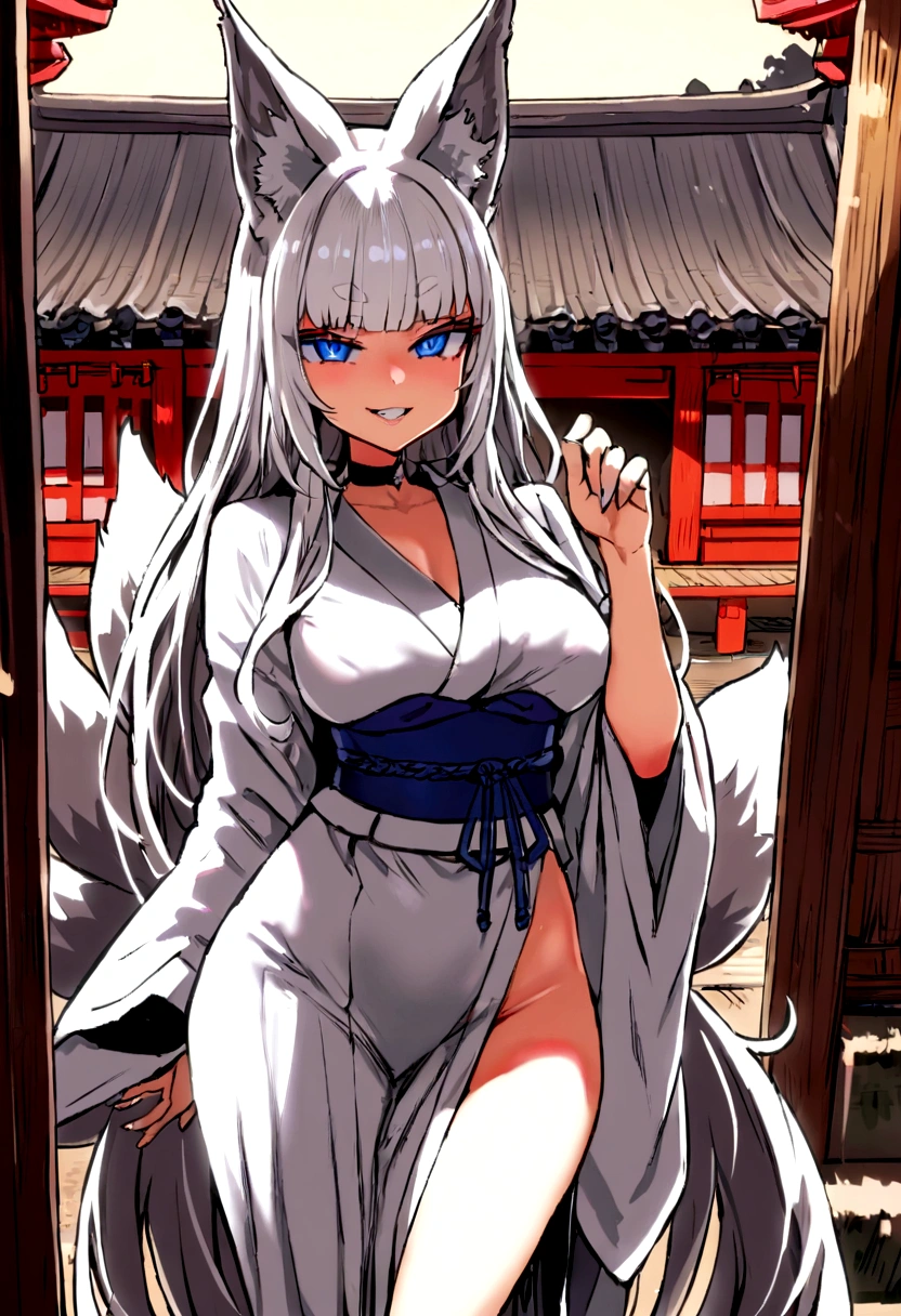 masterpiece, best quality, kitsune 1girl, solo, beautiful kitsune woman, fox ears, bangs, white hair, very long hair, blue eyes, grin, medium breasts, black choker, white kimono, long kimono, long kimono sleeves, blue sash, 5 white fox tails, white hair, looking at viewer, shrine background