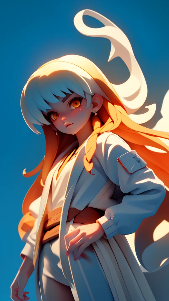 c.c., Expressionless, , (masterpiece, Highest quality, Super detailed, Best Shadow, Volumetric lighting), (Beautifully detailed face, Beautiful attention to detail), (Best lighting),, Orange eyes, Very long hair, (White straitjacket:1.4), Black belt, , (Cowboy Shot:1.3), intense angle,, mksks style, Beautiful background, Professional Lighting, Warm coloured landscape,