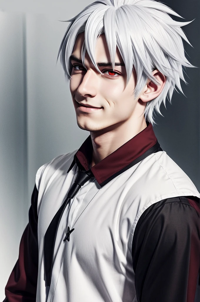 I want a cute boy, make it look very dominant, YOUNG, dark red eyes, white hair and a wicked smile, He is an alpha and is 18 years old.. (anime style drawing, beautiful plis)
